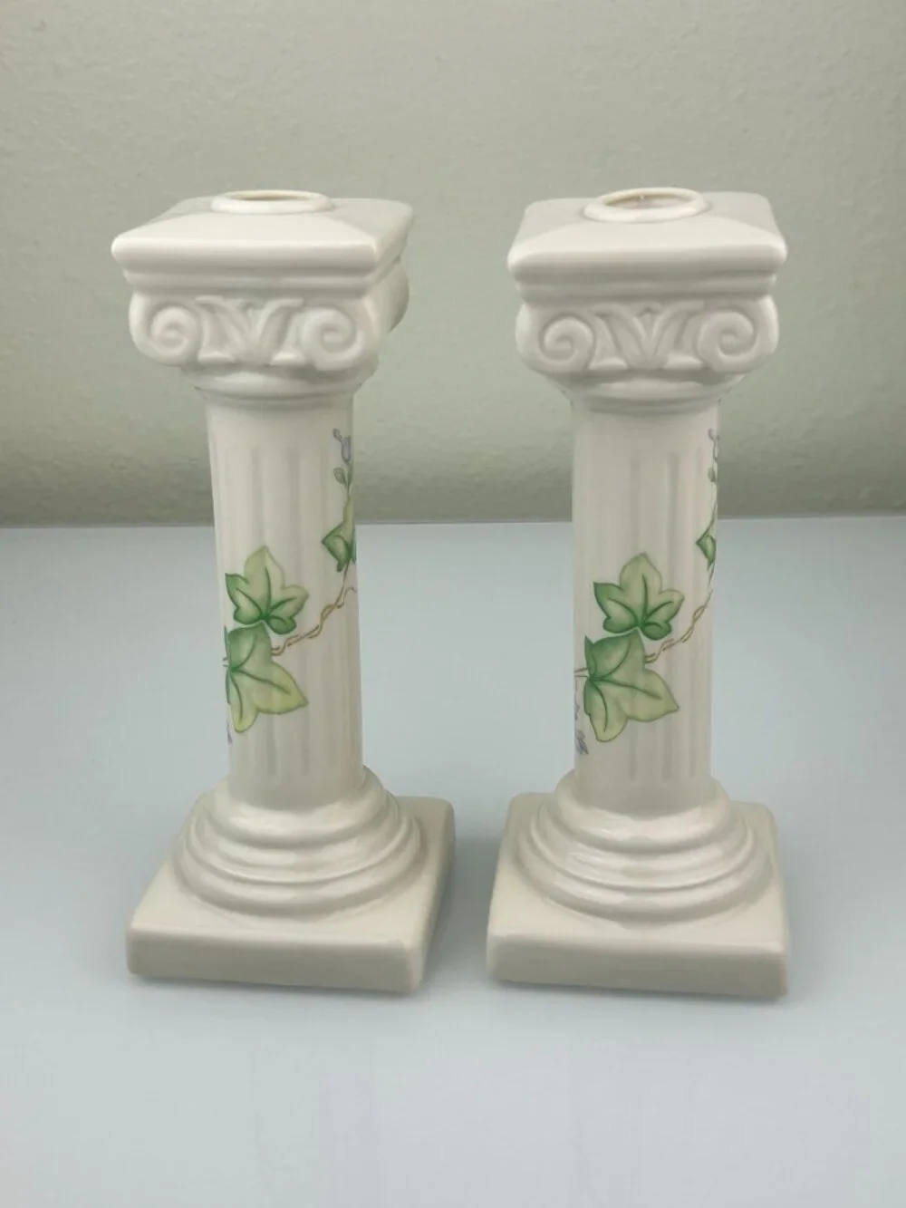 Belleek Classic Ivy Column Taper Candlesticks Ireland Ceramic Green Mark Home